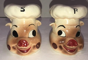 VINTAGE PIG FACE SALT, PEPPER SHAKERS CHEFS ANTHROPOMORPHIC JAPAN label, Large - Picture 1 of 4