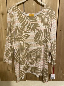 Ruby Rd Tan/Pink Leaves 3/4 Sleeve Top Size M NWT - Picture 1 of 2