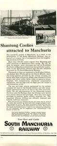 Ferrocarril de Manchuria del Sur 1923, Shantung Coolies, Corea, China anuncio impreso vintage - Imagen 1 de 1