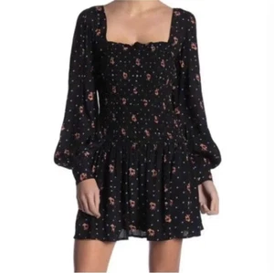 Free People Dress Small Smocked Drop Waist Black Floral Long Sleeve Short Mini - Picture 1 of 12