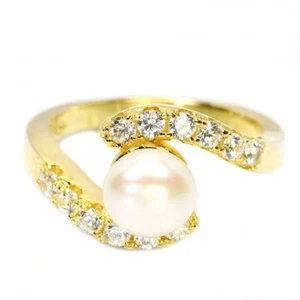 925 STERLING SILVER RING WHITE PEARL ROUND CABOCHON & CZ GEMSTONE SIZE 7 - Bild 1 von 10