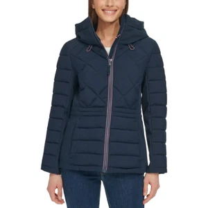 Tommy Hilfiger Women's Hooded Stretch Shell Quilted Jacket, Navy, Size: XS - Picture 1 of 5