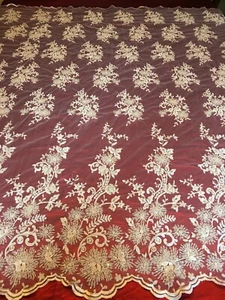 very pale Ivory Tull lace Hand beaded Bridal dress fabric 54" width - Picture 1 of 5