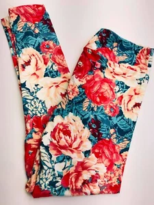 Girls S/M LuLaRoe ~ RED, PEACH & TEAL FLORAL PATTERN ~ Leggings KIDS SIZES 2-8 - Picture 1 of 3