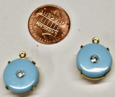 VINTAGE 2 ROUND light blue GLASS with RHINESTONES* PENDANT BEAD•15mm • calcedony - Image 1 of 2