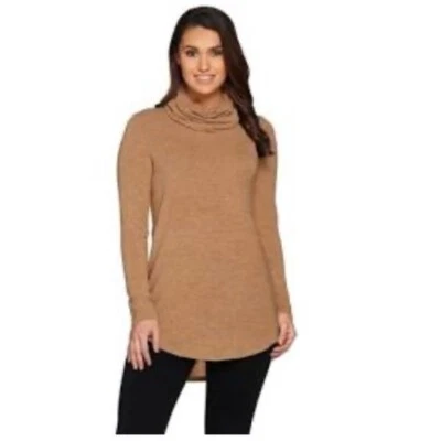 Lisa Rinna Collection Size XS Cowl Neck Sweater Tunic With Hi Low Hem Tan Camel - Image 1 of 4