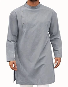 Men'S Kaftan Thobe Robe Long Sleeve Cotton  Kurta Tops - Picture 1 of 6