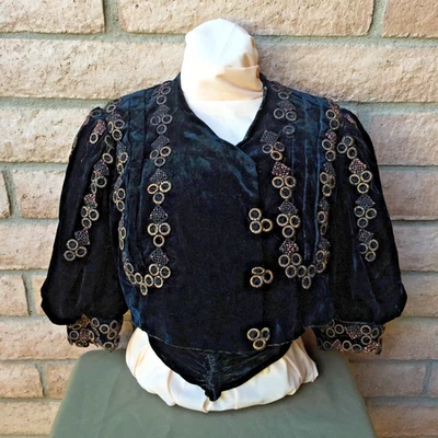 Antique 1890s Victorian Shirt Bodice Midnight Blue Applied Trim Decoration Boned - Image 1 of 4