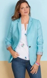 Talbots Twill Linen Blazer Jacket  Women's Size 16W AquaWhite - Picture 1 of 18