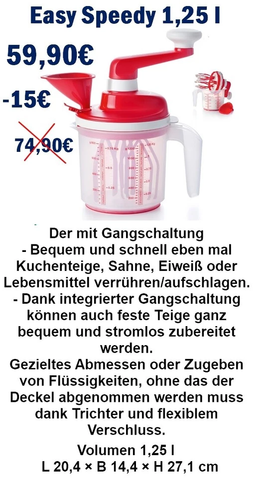 Tupperware Easy Speedy 1,25l Easy Mix 2Stufen NEUES MODELL Eischnee Sahne Eiweiß - Bild 1 von 2