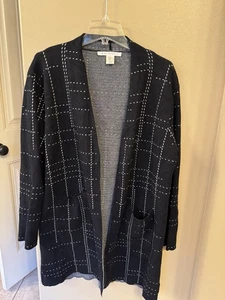 Max Studio Strickjacke Damen XL schwarz mit cremefarbenen Nähten vorne offen Langarm - Bild 1 von 5