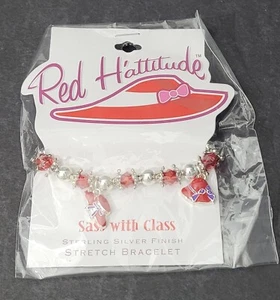 Red H'attitude "Sass with Class" Sterling Silver Finish Stretch Bracelet-Red Hat - Picture 1 of 2