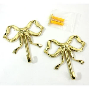NEW Brass Metal Ribbon Bows Screw In Wall Mount Hook Hooks Hanger Set 4" - Picture 1 of 5
