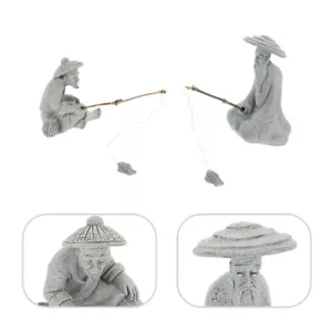 Fishing Clay Figure Chinese Fisherman Figurine Bonsai Garden Sandstone Miss - Picture 1 of 11