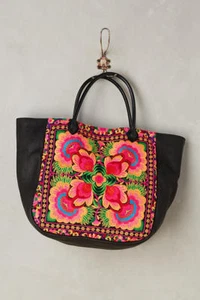 Anthropologie MOMO tote Fiorella Rainbow Embroidered Flowers Floral Boho Chic - Picture 1 of 6