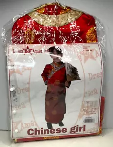 Dress Up American Costume Chinese Girl Kimono Dress & Fan Size M 8-10 Halloween - Picture 1 of 5