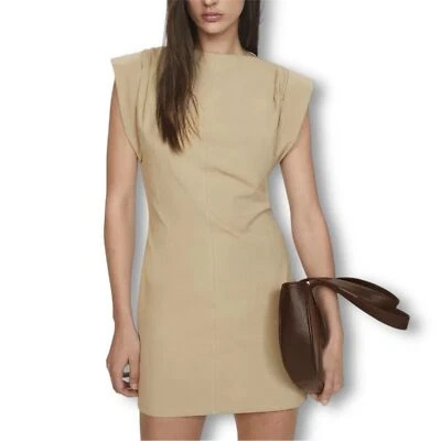 Mini Vestido Mango Tostado Corte Vaina con Cuello Simulado y Mangas Cap Foto 1 de 4