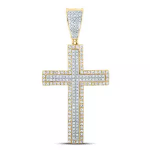 .75CTW Real Diamond 14K Gold Two-Tone Yellow White Pave Cross Pendant 1.6" - Picture 1 of 4