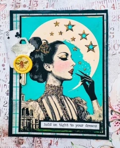 Handgefertigte HALTE DICH FEST AN DEINEN TRÄUMEN Collage Kunst Steampunk Frau & Mond Karte - Bild 1 von 1