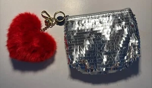 Silver Makeup Clutch Zip Mini Small Purse Red Fluffy Heart Keychain H&M - Picture 1 of 6