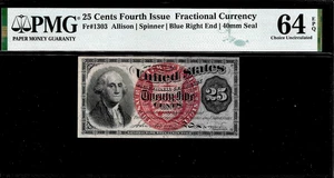 Fr. 1303 Fractional 25 Cents Fourth Issue w/ Blue Right End 40mm Seal PMG 64EPQ - Picture 1 of 2