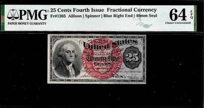 Fr. 1303 Fractional 25 Cents Fourth Issue w/ Blue Right End 40mm Seal PMG 64EPQ - Image 1 of 2