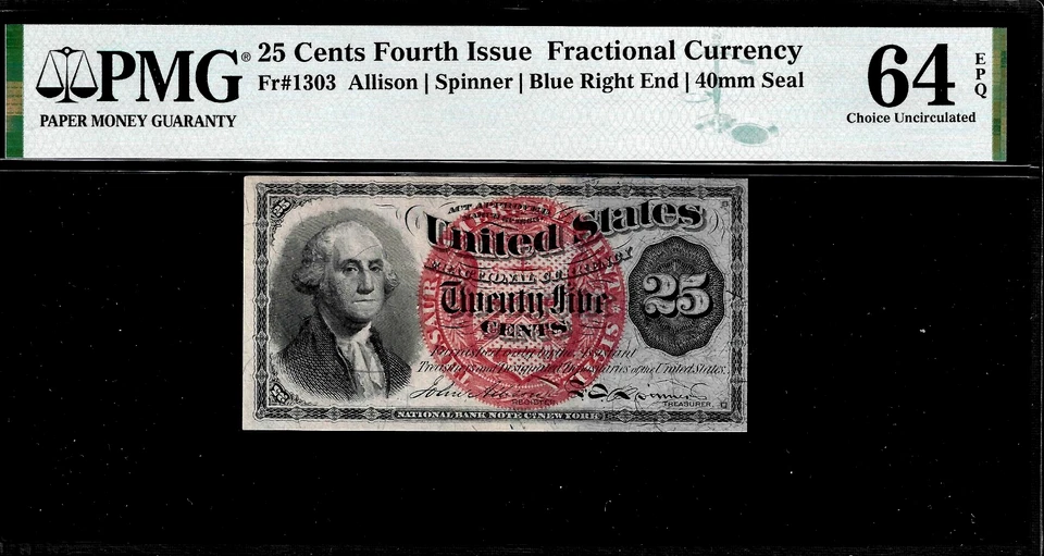 Fr. 1303 Fractional 25 Cents Fourth Issue w/ Blue Right End 40mm Seal PMG 64EPQ - Image 1 of 2