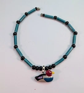 Flying Colors Redhead Duck Pendant Necklace Ceramic Aqua & Black Beads 17” VTG - Picture 1 of 3