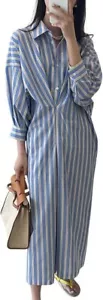 Women 2024 Summer Shirt Dress Long Sleeve Striped Cinched Maxi Long Blouse Dress - Picture 1 of 4
