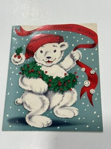 Vintage Greeting Card Christmas Polar Bear Wreath G3 - Picture 1 of 4