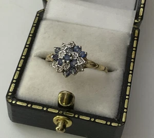 Vintage 9ct 9K Yellow Gold Blue Sapphire Diamond Pinwheel Cluster Ring Size R - Picture 1 of 12