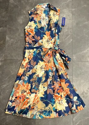 Nuevo con etiquetas Nuevo Vestido Pendleton Azul Multi Floral Lino Algodón Cuello Midi Envolvente 4 Pequeño Foto 1 de 4