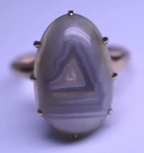 ANTIQUE 10K YELLOW GOLD OVAL 14.8 x 9 MM BANDED AGATE RING SIZE 4.5 - Picture 1 of 5