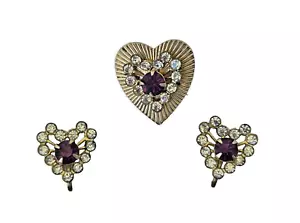 Set spilla e orecchini cuore strass vintage firmati charm - Foto 1 di 6