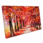 Woodland Path Surrounded By Red Autumnal Trees Oil Painting Style Print Canvas