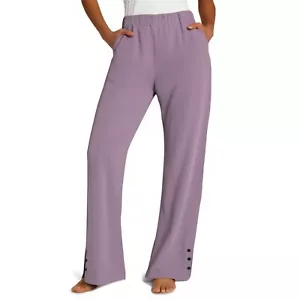 Women's Baggy Cotton Linen Pants Elastic Waist Casual Solid Wide Leg Trousers - Picture 1 of 11