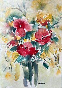 Original Signed Watercolor Painting. Colorful Bouquet. Roses. Tulips. 5x7