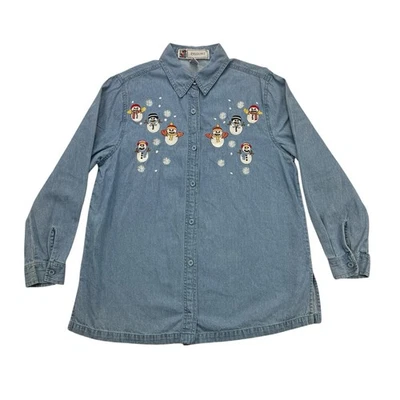 Vintage Snowman Denim Shirt Womens Small S Blue PASSION I Embroidered Button Up - Image 1 of 4