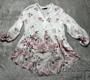 LOLA Made in Italy Floral Silk Blend Tunic Blouse Womens Small Blue Pink Sheer - Picture 1 of 5