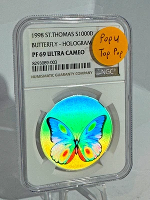 1998 Sao Tomes E Principe 1000 Dobras Butterfly Hologram 1oz Silver NGC PF69UC - Image 1 of 4