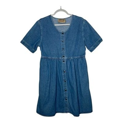 Studio Ease Denim Dress Womens 10 Blue Jean Vintage Cottagecore Heart Buttons - Image 1 of 4