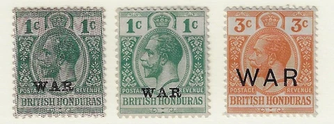 Br. Honduras  war tax varieties SG 114, 116, 120, MMOG,  F-VF (c536 Cover