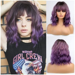 Ombre Purple Short Wigs Curly Bob Wig with Bangs Ombre Color Wavy Hair Wigs W... - Picture 1 of 1
