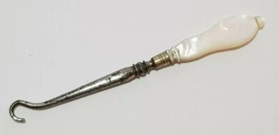 SMALL ANTIQUE BUTTON HOOK - CARVED MOTHER OF PEARL HANDLE 4" - Image 1 of 4
