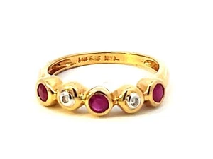 3 Round Red Bezel Set Rubies and Diamond Band Ring in 14k Yellow Gold - Picture 1 of 2