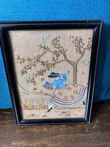 Mid Century C1950s Vintage Framed Needlework Embroidery Dancing Lady Flowers - Picture 1 of 5