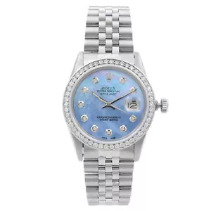 Rolex Datejust Steel 1.20 Cttw Custom Diamond Blue Dial Automatic Watch 16014 - Picture 1 of 7