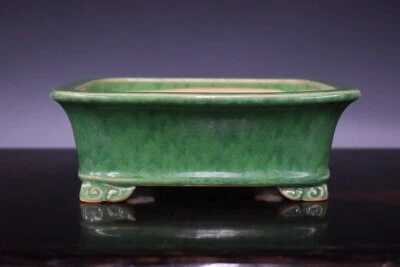 Japanese Bonsai Pot Tokoname EIMEI 7.7"(19.5cm) Green Glazed Rectangle L311 - Image 1 of 4
