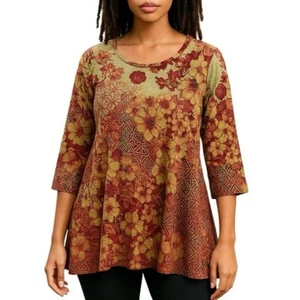 One World Blouse Size Small Tunic Length Red Green Floral Studded Knit Hi Low - Picture 1 of 5