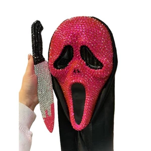 Pink Deluxe Jewelled Ghost Mask & Knife Set Halloween Fancy Dress Costume - Picture 1 of 3